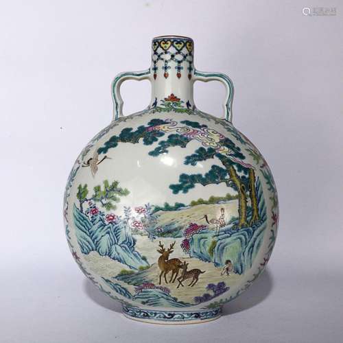 CHINESE FAMILLE-ROSE HANDLED VASE DEPICTING 'DEER AND CR...