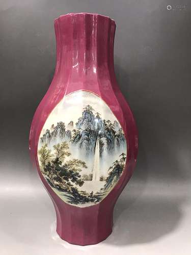 CHINESE PUCE-GLAZED FAMILLE-ROSE VASE DEPICTIGN 'LANDSCA...