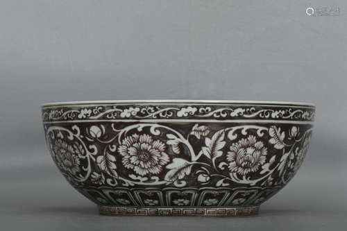 CHINESE UNDERGLAZE-BLACK BOWL DEPICTING 'LOTUS SCROLL...