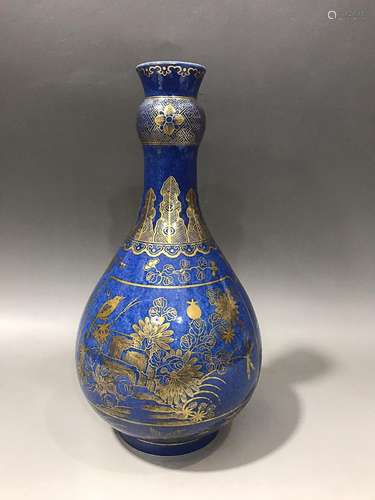 CHINESE GILDED ON BUE-GLAZED GARLIC-HEAD VASE DEPICTING '...