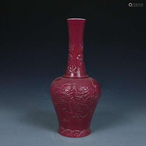 CHINESE RED-GLAZED HANDBELL-FORM VASE DEPICTING 'DRAGON&...