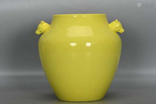 CHINESE YELLOW-GLAZED DOG-HANDLED JAR, 'MING HONGZHI'...