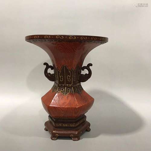 CHINESE GILDED ON WOOD-GRAIN-GLAZED GU VESSEL, 'QIANLONG...