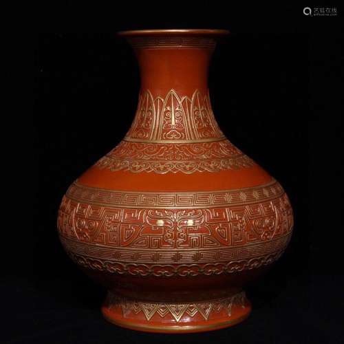 Paint red gold carving a flat belly bottle, 27 diameter of 2...