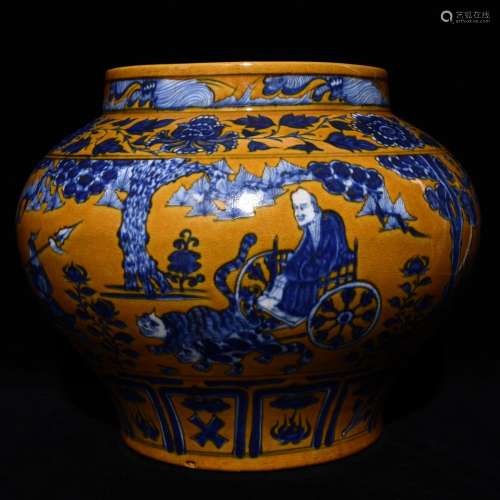 Yellow to blue and white figure pot 28.5 x37cm guiguzi down ...