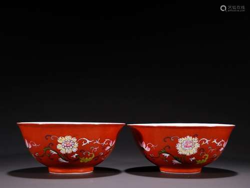 A pair of, ji red pastel flowers bowlSpecification: single 6...