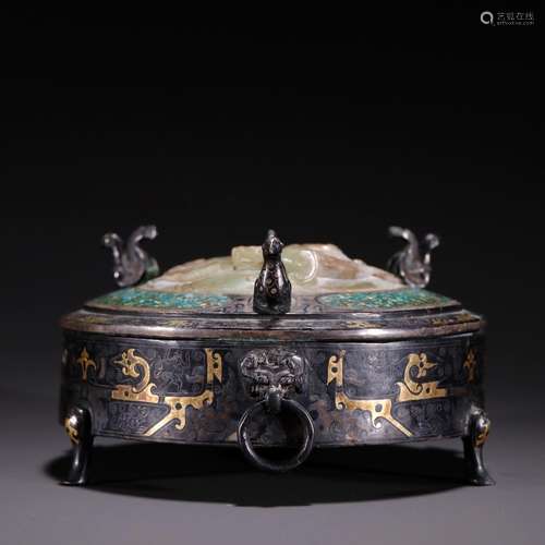 Black lacquer, bronze tire cuo gold with green pine old jade...