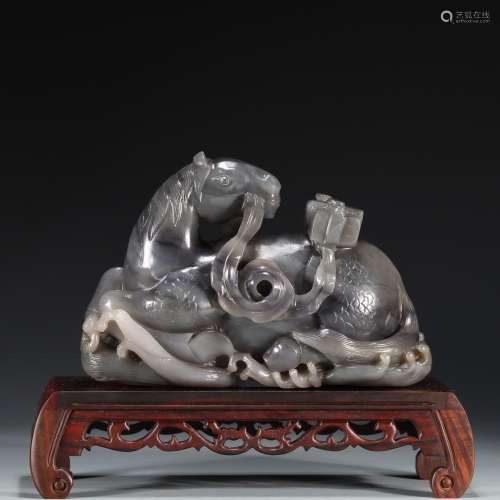 : hetian jade blue and white horse carry by furnishing artic...