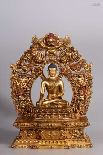 铜鎏金嵌宝背光释迦牟尼佛坐像