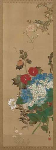 SUZUKI KIITSU Hydrangea， Lily And Hollyhock Hanging scroll