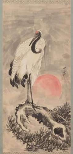KAWANABE KYOSAI Rising Sun And Crane Hanging scroll