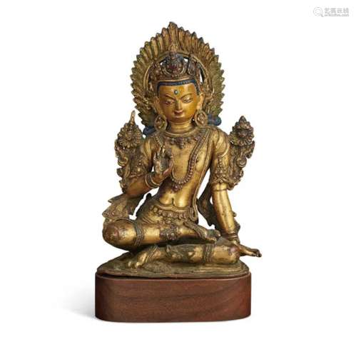 尼泊尔 十五世纪 鎏金铜文殊菩萨坐像