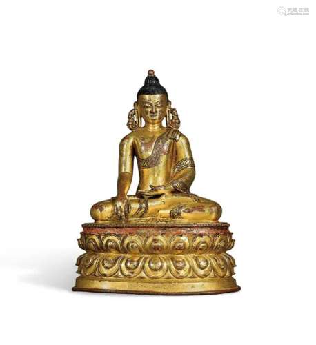 尼泊尔 卡萨王国 十三至十四世纪 鎏金铜释迦牟尼佛坐像