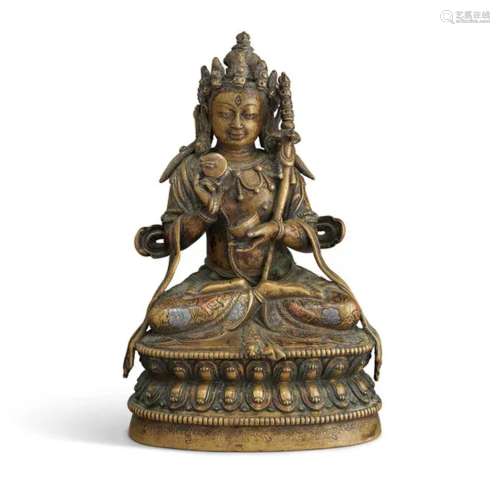 西藏 十五世纪 铜错红铜嵌银金刚持坐像
