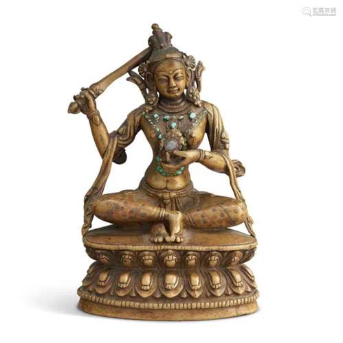 西藏 十五世纪 铜错红铜嵌银随求佛母坐像