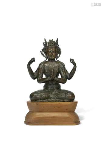 西藏 十五世纪 铜错红铜嵌银四臂观音菩萨坐像