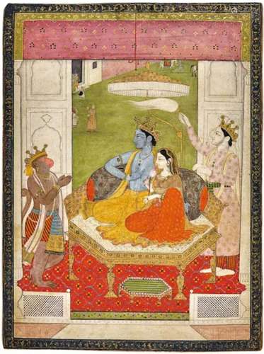 A PAINTING OF RAMA AND SITA ENTHRONED WITH LAKSHMANA AND HAN...