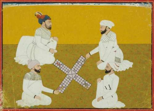 A PAINTING OF A RAJA AND HIS COURTIERS PLAYING CHAUPAR