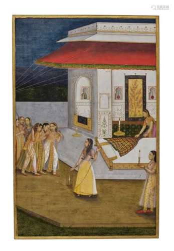 A PAINTING OF A LADY BEING LED TO BED
