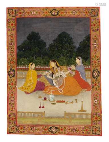 A PAINTING OF A LADY WITH HER ATTENDANTS ON A TERRACE