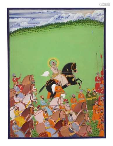 A LARGE PAINTING OF MAHARANA SAJJAN SINGH IN PROCESSION WITH...