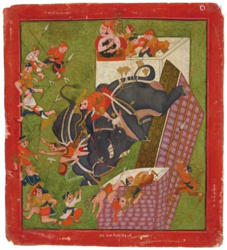 A PAINTING RAO RAJA BISHEN SINGH WATCHING AN ELEPHANT FIGHT