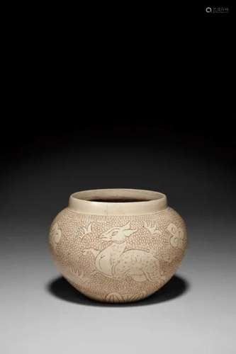 北宋 11世纪 磁州窑白釉珍珠地划花鹿纹罐