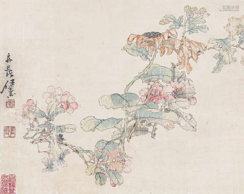 1835～1893 任薰 花卉 绢本 连框