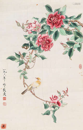 1915～1995 俞致贞 月季黄鹂 纸本 镜片