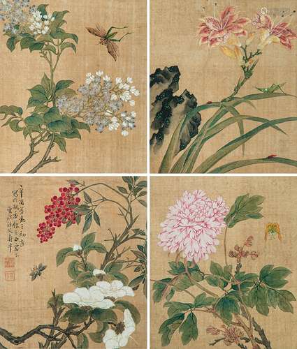 1633～1690 恽寿平 花卉草虫四屏 纸本 立轴