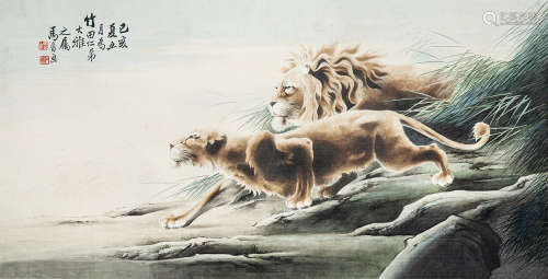 1900～1970 马晋 双狮图 纸本 镜片