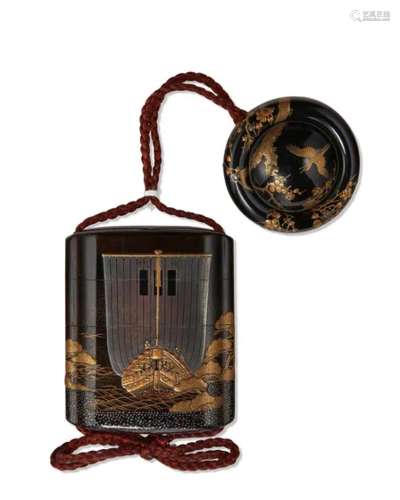 EDO PERIOD (19TH CENYURY) A THREE-CASE LACQUER INRO WITH BOA...