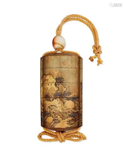 EDO PERIOD (19TH CENTURY) A FOUR-CASE LACQUER INRO WITH PLOV...