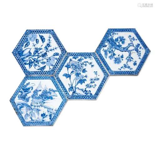 中国 18世纪 青花瓷砖 （一组四件）