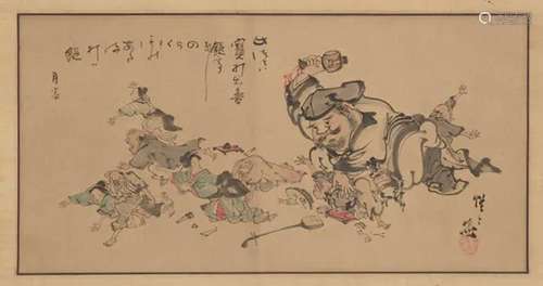 KAWANABE KYOSAI (1831-1889) Daikokuten Beating Slackers