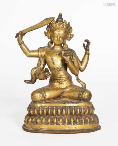 Tibet, XIXe siècle
Statue de Manjushri à cinq bras en c
