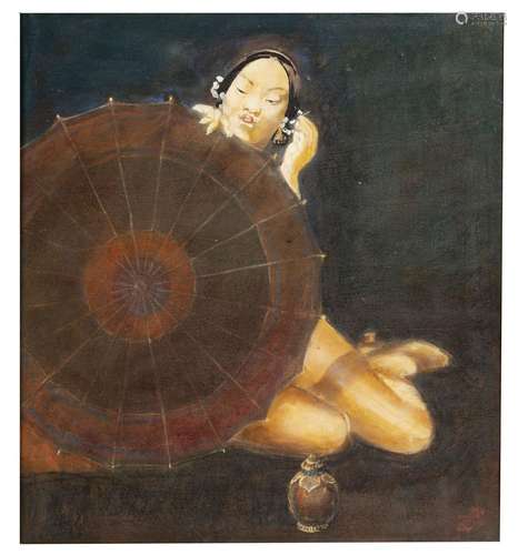 Vietnam, XXe siècle
Femme à l’ombrelle.
Huile sur panne