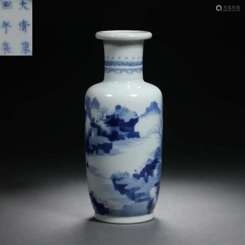 Qing dynasty blue and white porcelain carved landscape stick...