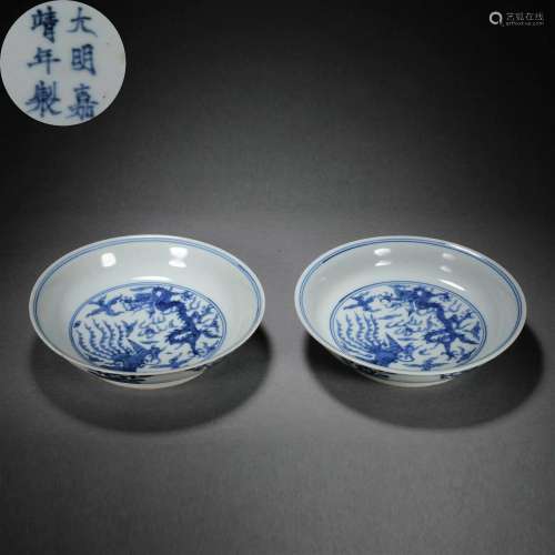 A pair of blue and white porcelain dragon pattern plates of ...