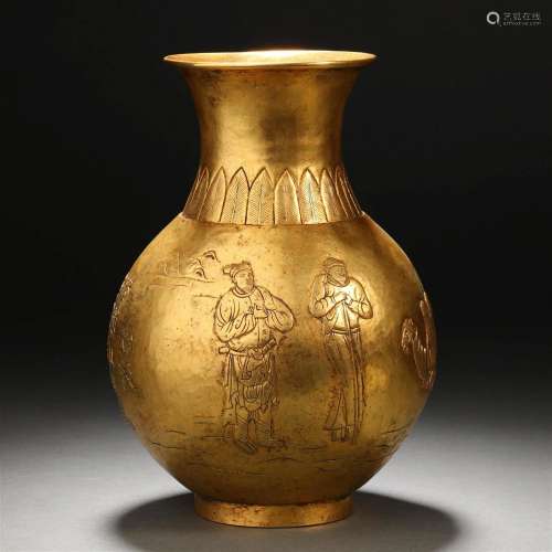Qing dynasty copper gilt dark engraved character bottle