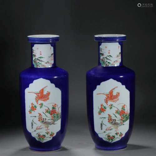 A pair of Qing Dynasty sacrifice blue window flower and bird...