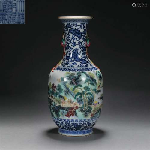 Qing dynasty blue and white with pastel ornamental vase