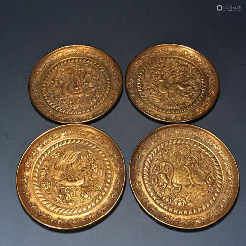 Ancient bronze gilt four auspicious animal plate