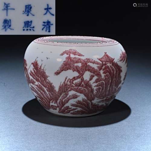 Qing Dynasty Kangxi carmine landscape jar