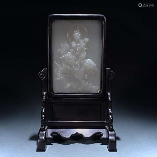 Screen insert of Hetian jade Manjusri Bodhisattva statue fro...