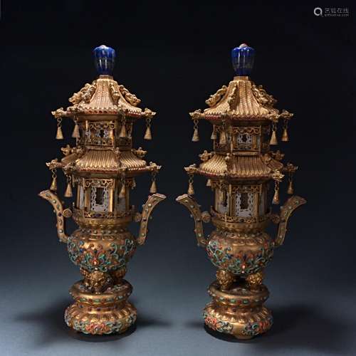 Ancient gilt bronze inlaid pine pagoda