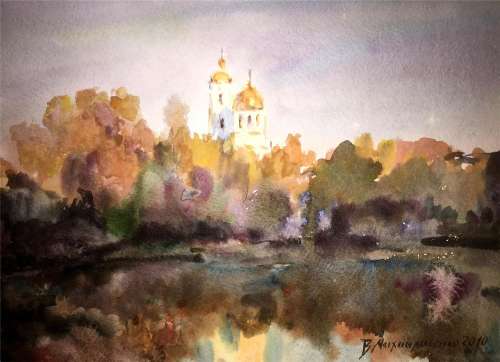 Monastery watercolor painting on paper