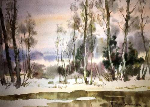 End of winter watercolor painting on paper