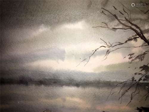 Wind over the river watercolor painting on paper