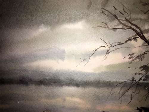 Wind over the river watercolor painting on paper